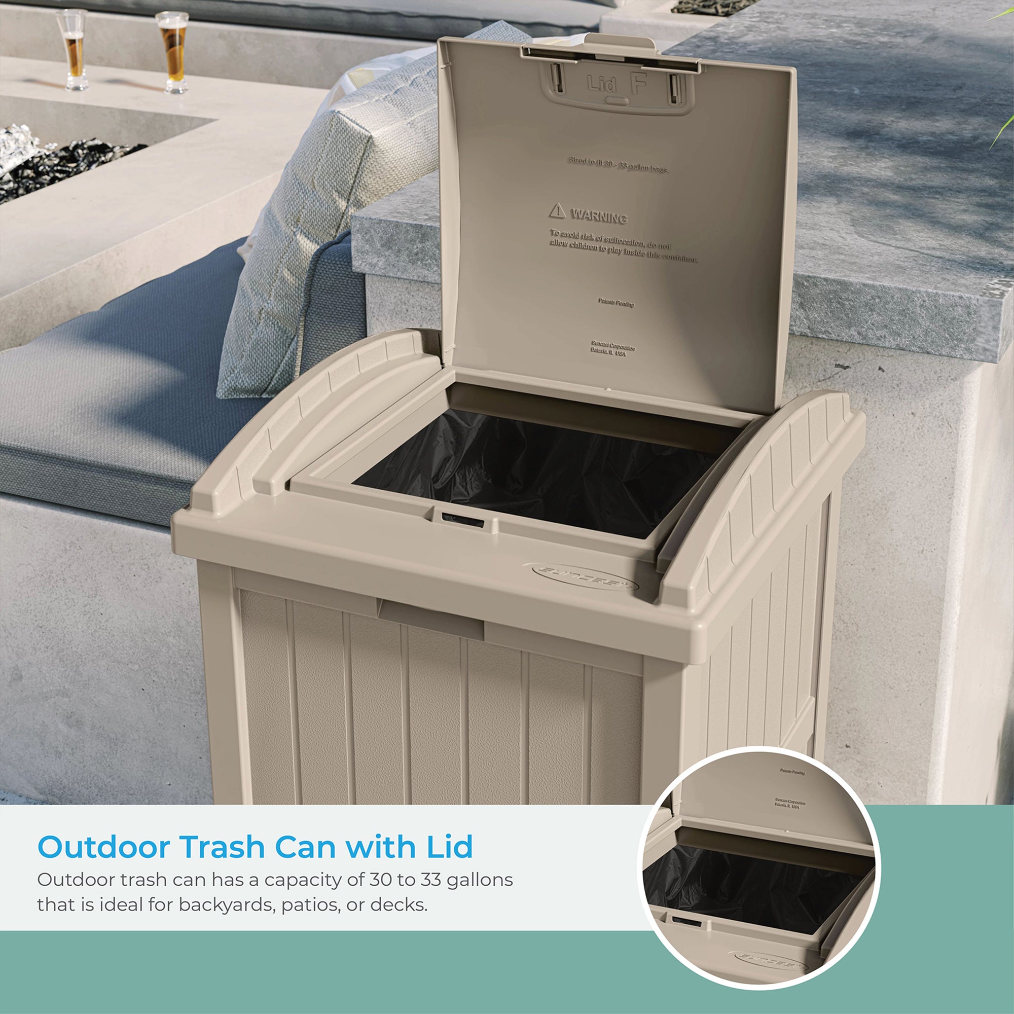 Suncast GH1732 Trash Hideaway 33 Gallon Resin Outdoor Garbage Container, Taupe - VMInnovations