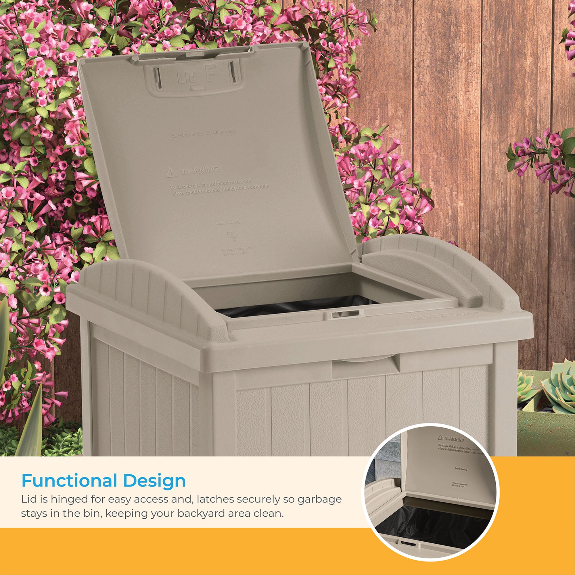 Suncast GH1732 Trash Hideaway 33 Gallon Resin Outdoor Garbage Container, Taupe - VMInnovations