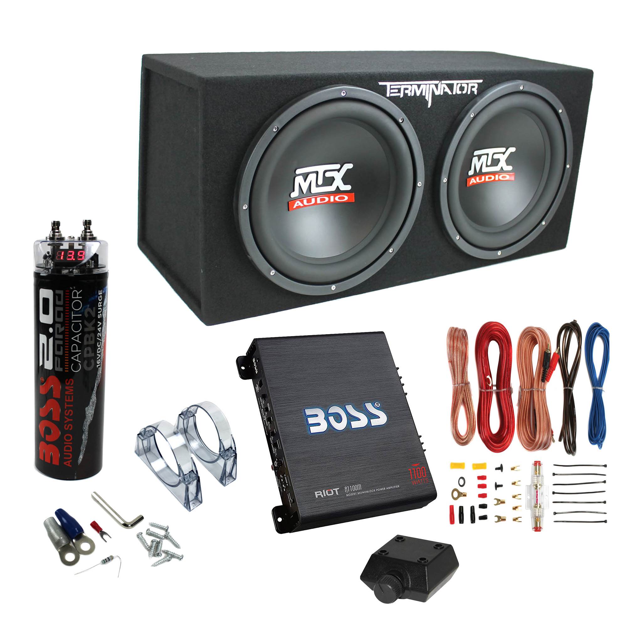 MTX TNE212D 12" 1200W Dual Loaded Car Subwoofer & 1100W Amp with Kit & Capacitor - VMInnovations