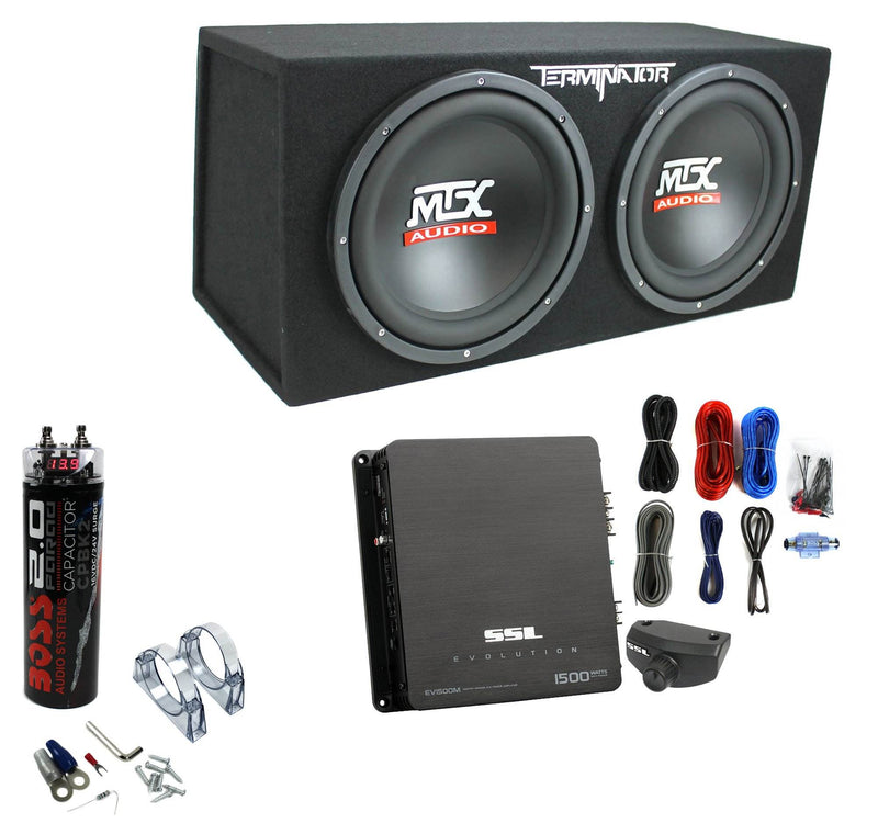 MTX TNE212D 12" 1200W Dual Loaded Subwoofer Box + 1500W Amp + Wiring + Capacitor - VMInnovations