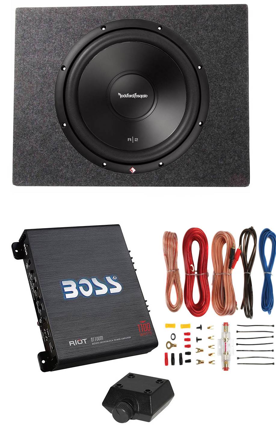 Rockford Fosgate 12" 500W Subwoofer w/ Enclsoure and Boss Amplifier