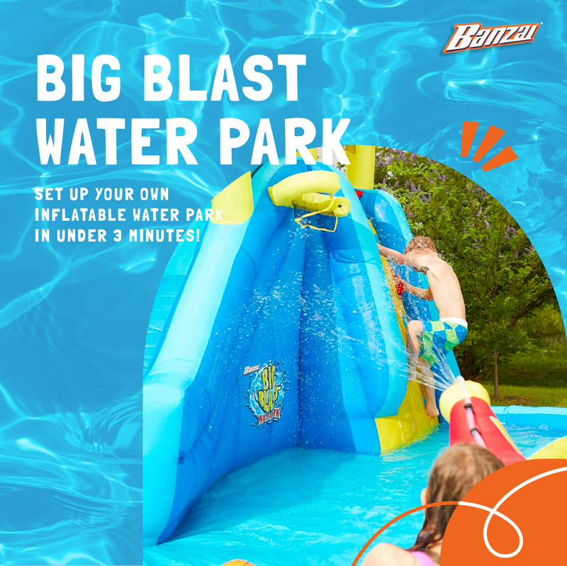 Banzai Big Blast Inflatable Water Park w/ Climbing Wall, Ball Game & Splash Pool