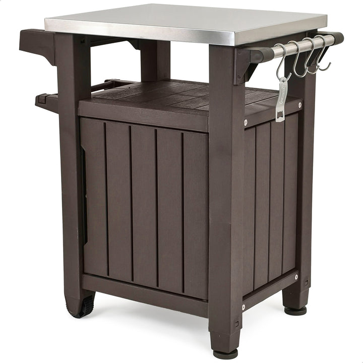 Keter Unity 40 Gal Patio Storage Grilling Bar Cart w/ Stainless Steel Top, Brown