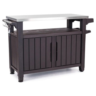 Keter Unity XL Outdoor Kitchen Bar Rolling Cart with Storage Cabinet, Brown - VMInnovations