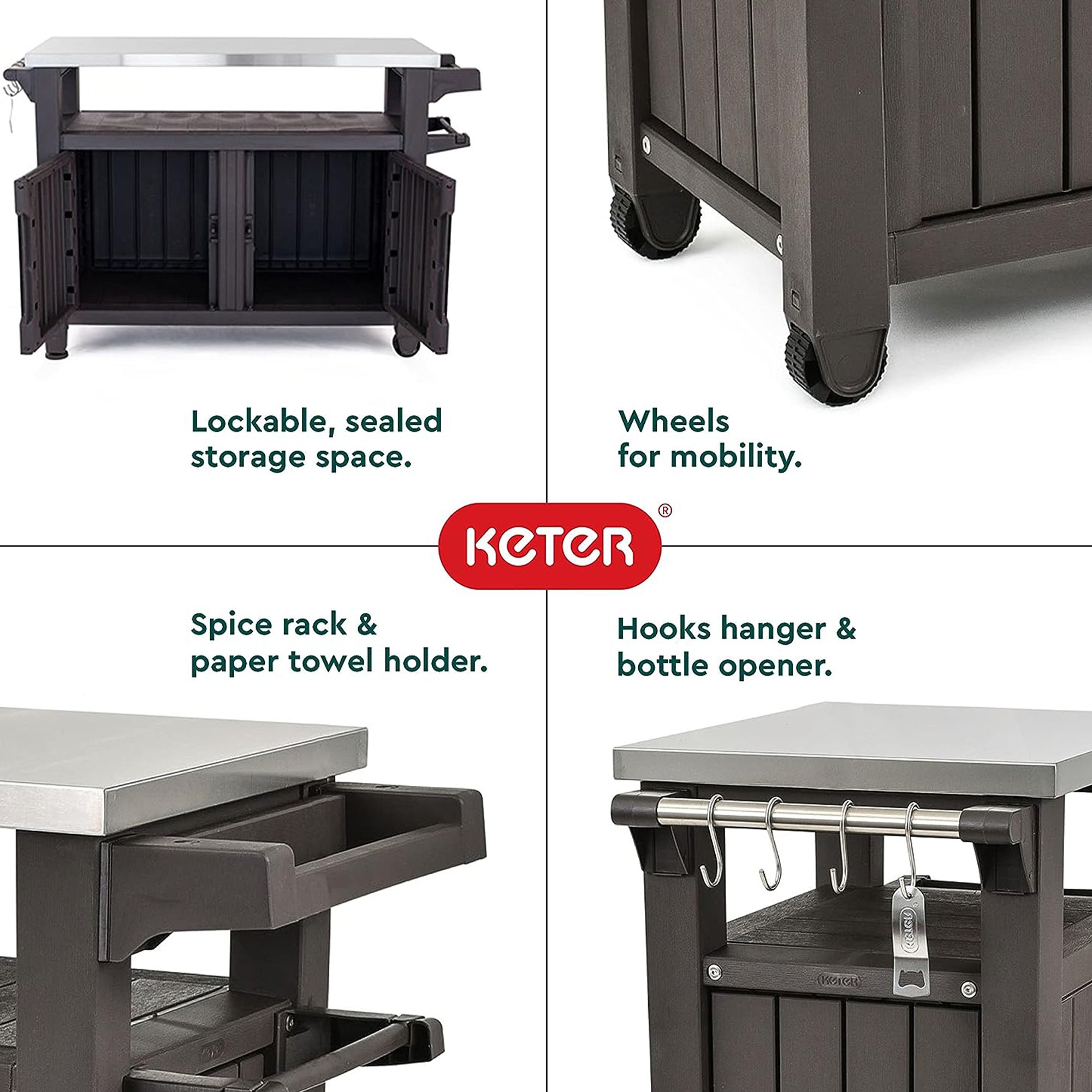 Keter Unity XL Outdoor Rolling Bar Cart Storage & Westwood Deck Box, Espresso