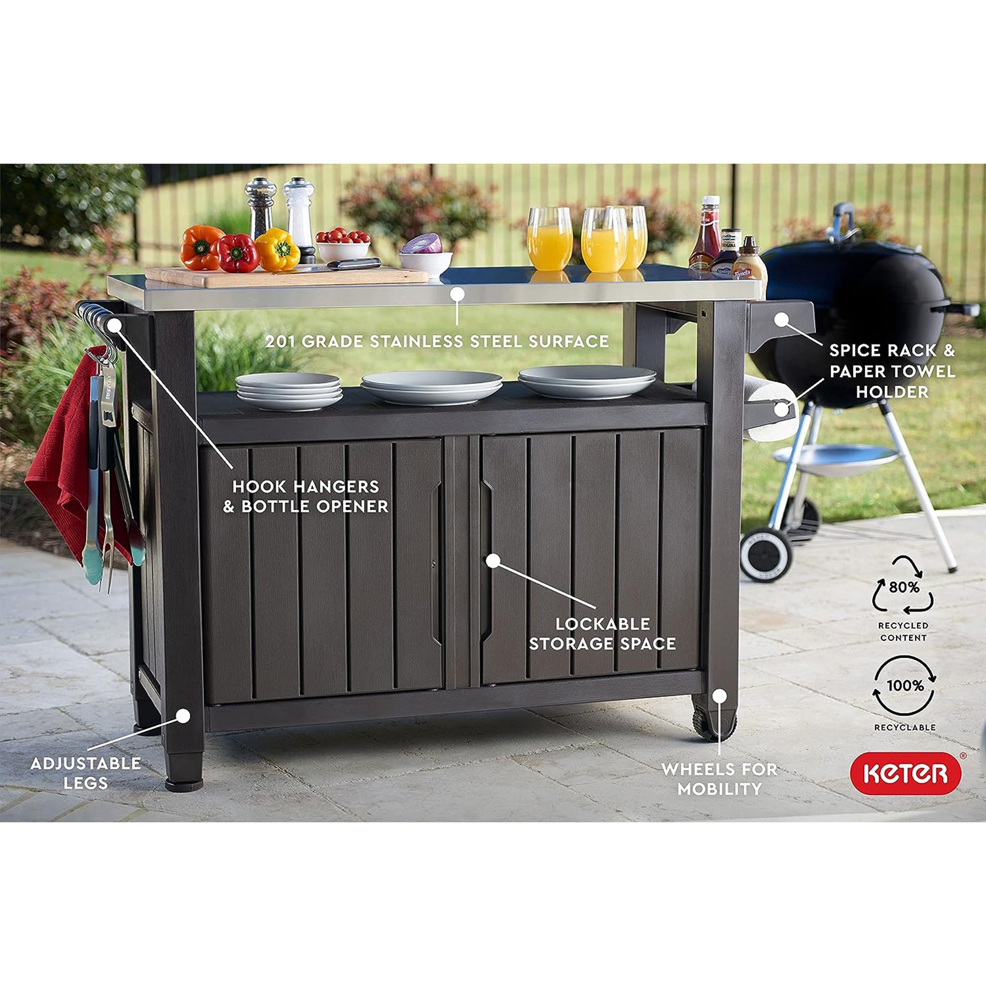 Keter Unity XL Outdoor Kitchen Rolling Bar Cart with Storage Cabinet, Brown - VMInnovations