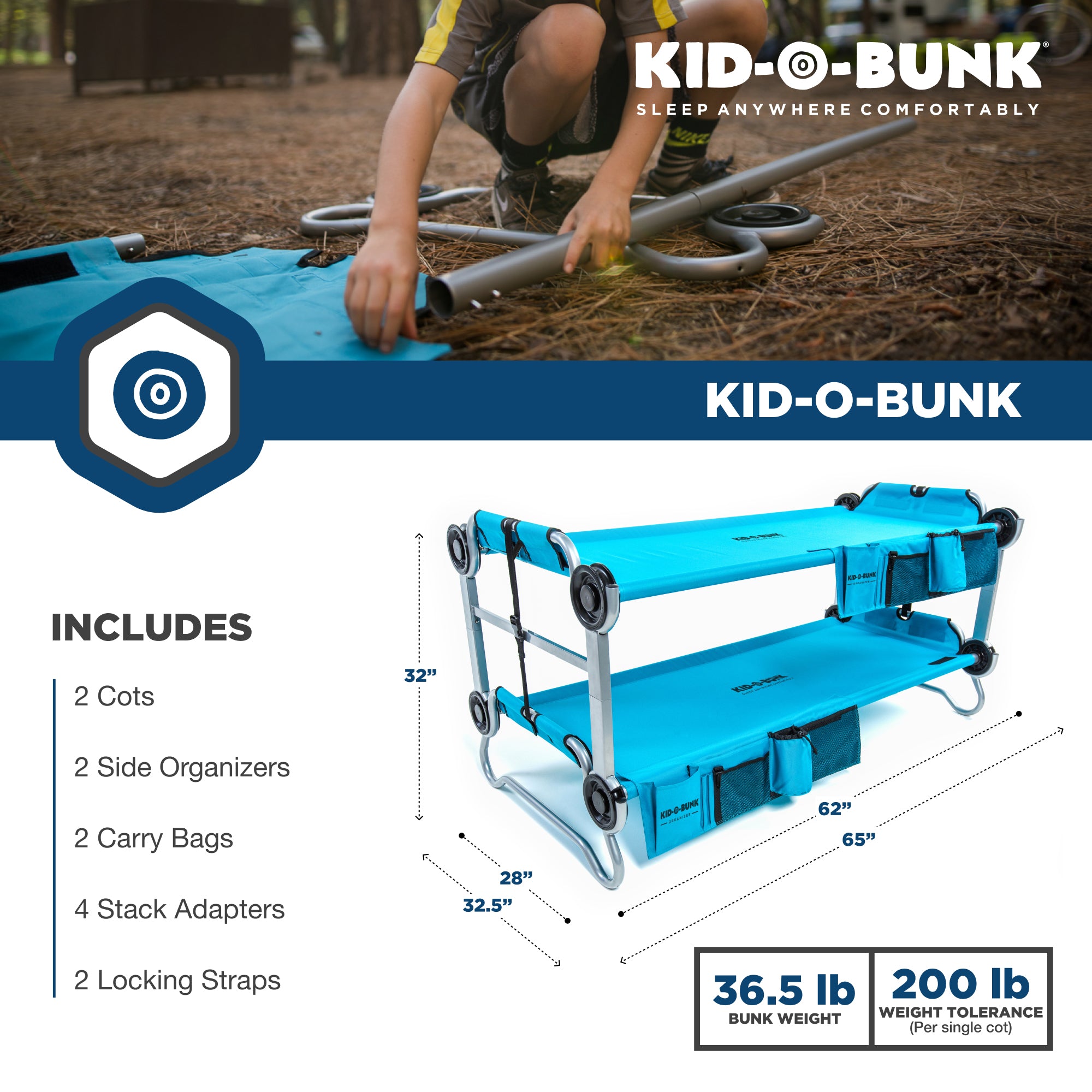 Disc-O-Bed Youth Kid-O-Bunk Benchable Double Cot with Storage Organizers, Teal - VMInnovations