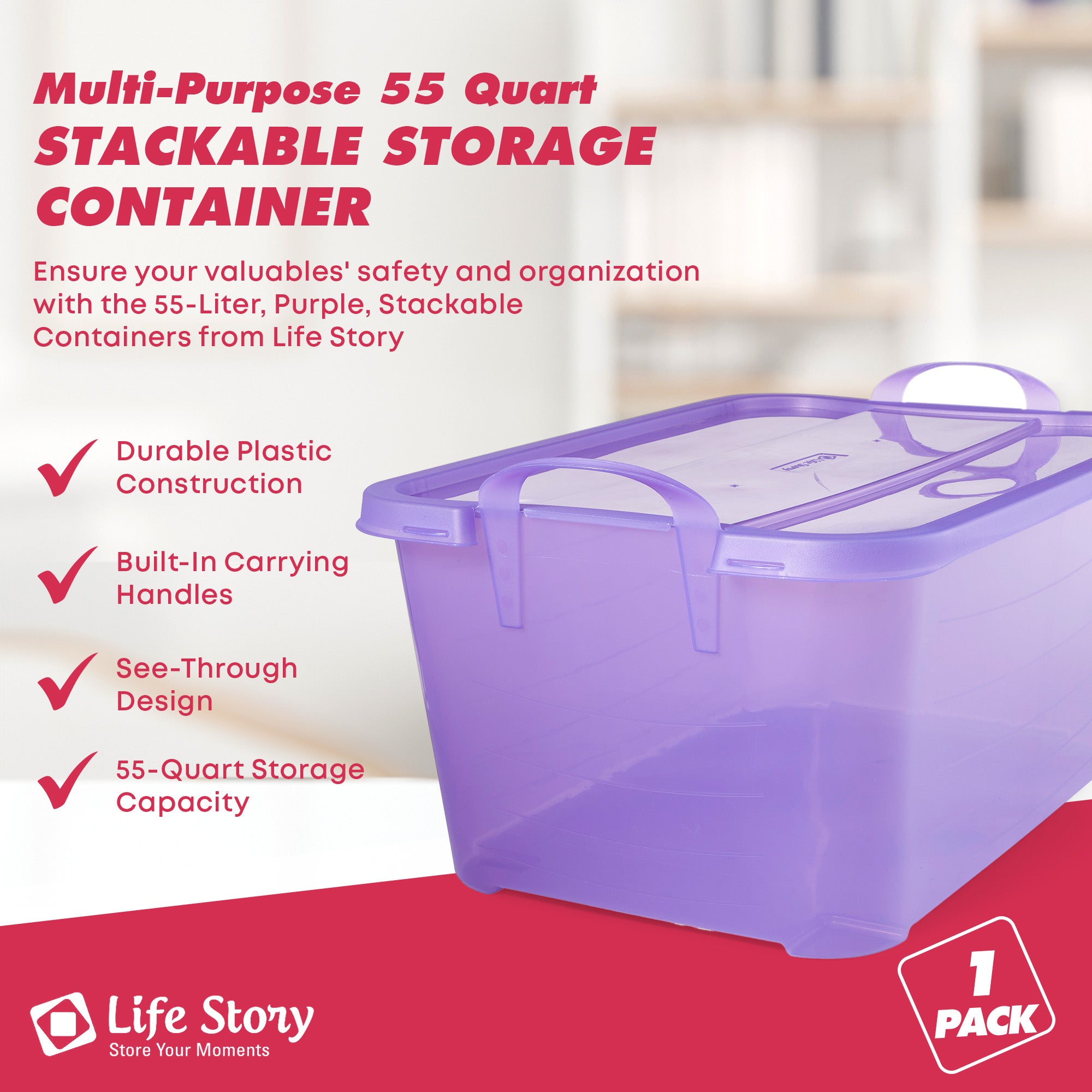 Life Story 55 Quart Purple Locking Stackable Organization and Storage Container - VMInnovations