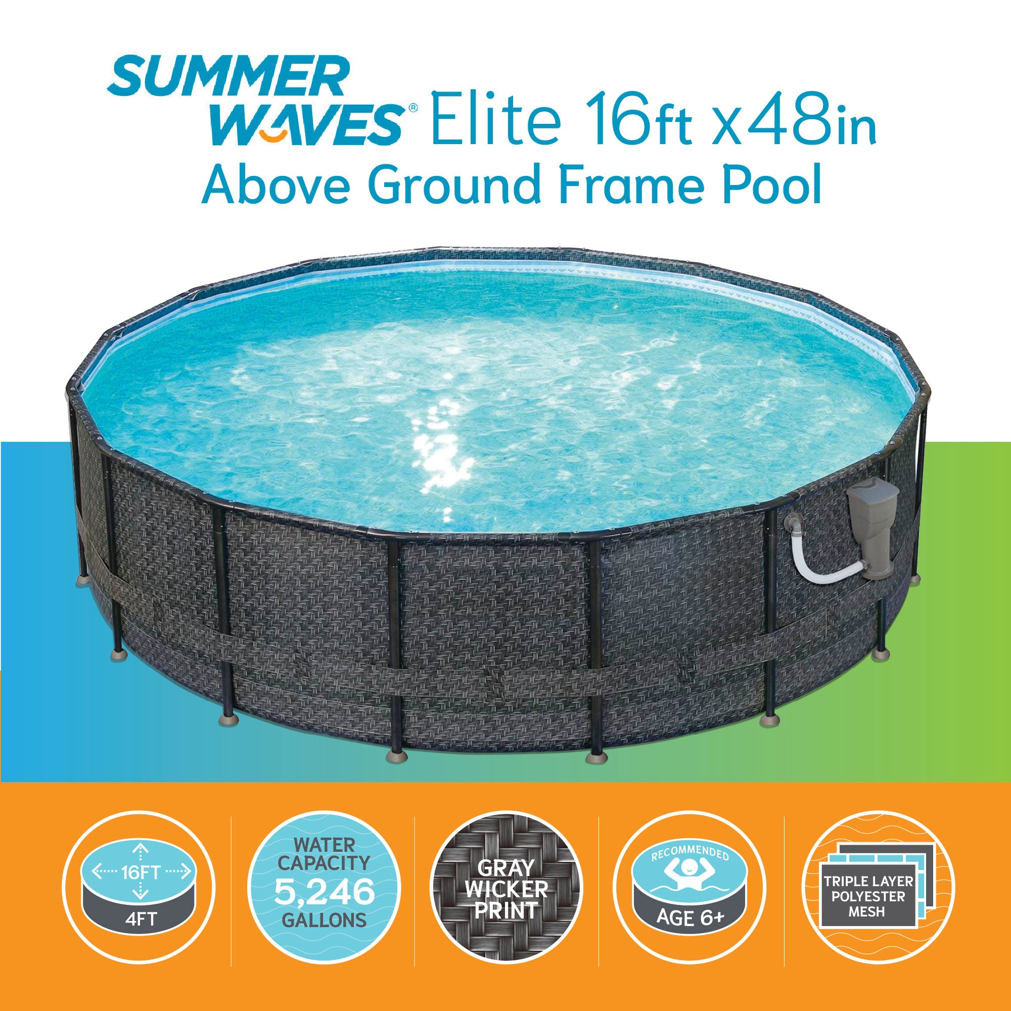 Summer Waves Elite Wicker Print 16' x 48" Above Ground Frame Pool Set (Open Box)