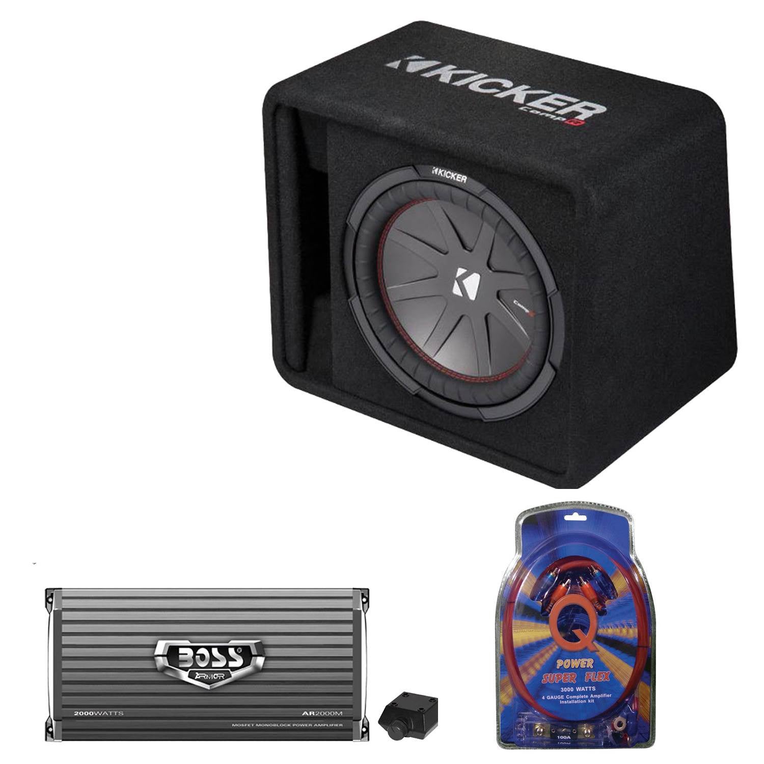 Kicker 12 Inch 1000W Subwoofer Enclosure and 2000W Mono Amplifier w/ Wiring Kit