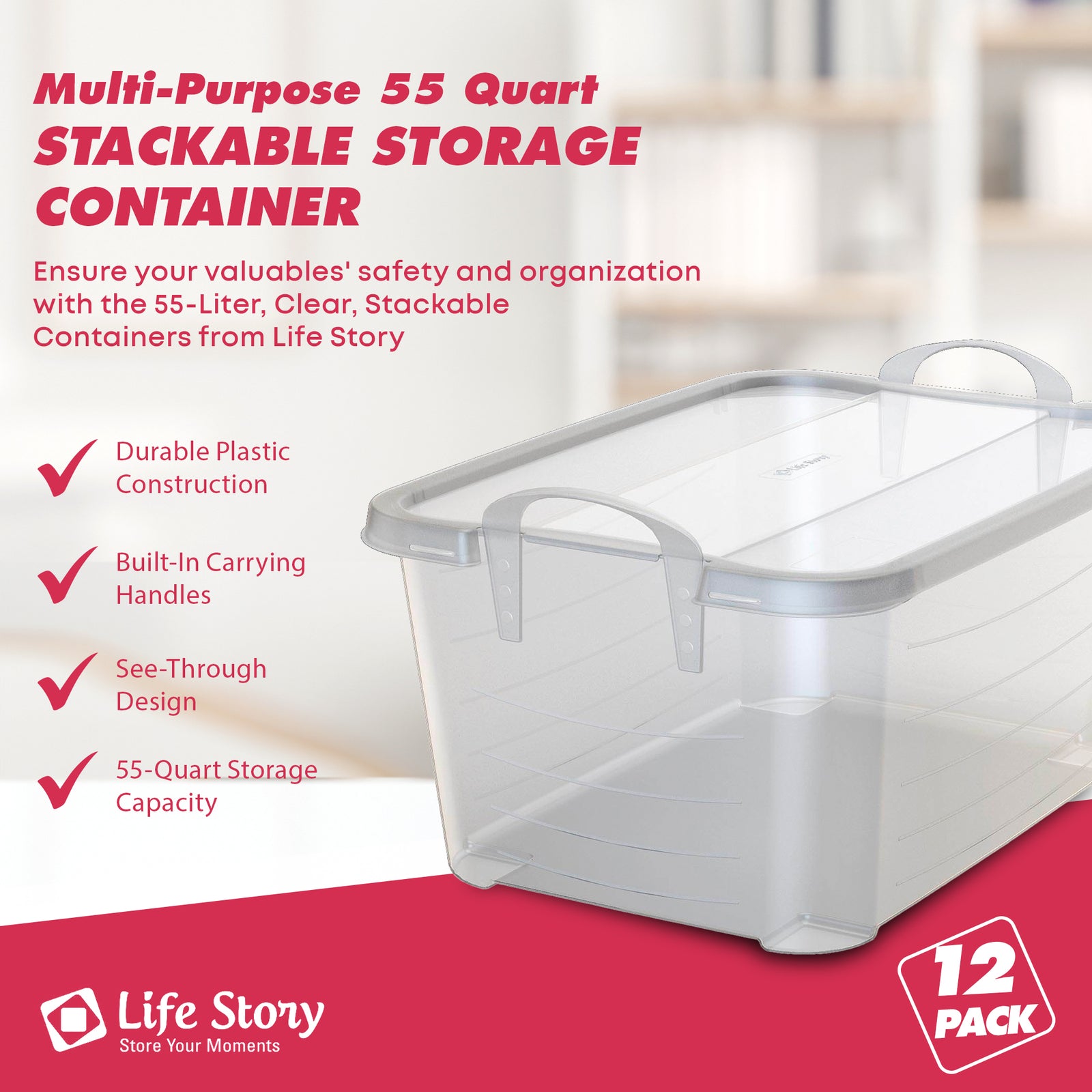 Life Story Clear Stackable Closet & Storage Box 55 Quart Containers, (12 Pack) - VMInnovations