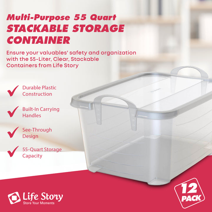 Life Story Clear Stackable Closet & Storage Box 55 Quart Containers, (12 Pack) - VMInnovations