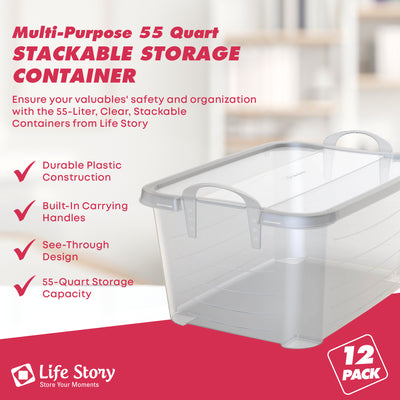 Life Story Clear Stackable Closet & Storage Box 55 Quart Containers, (12 Pack)