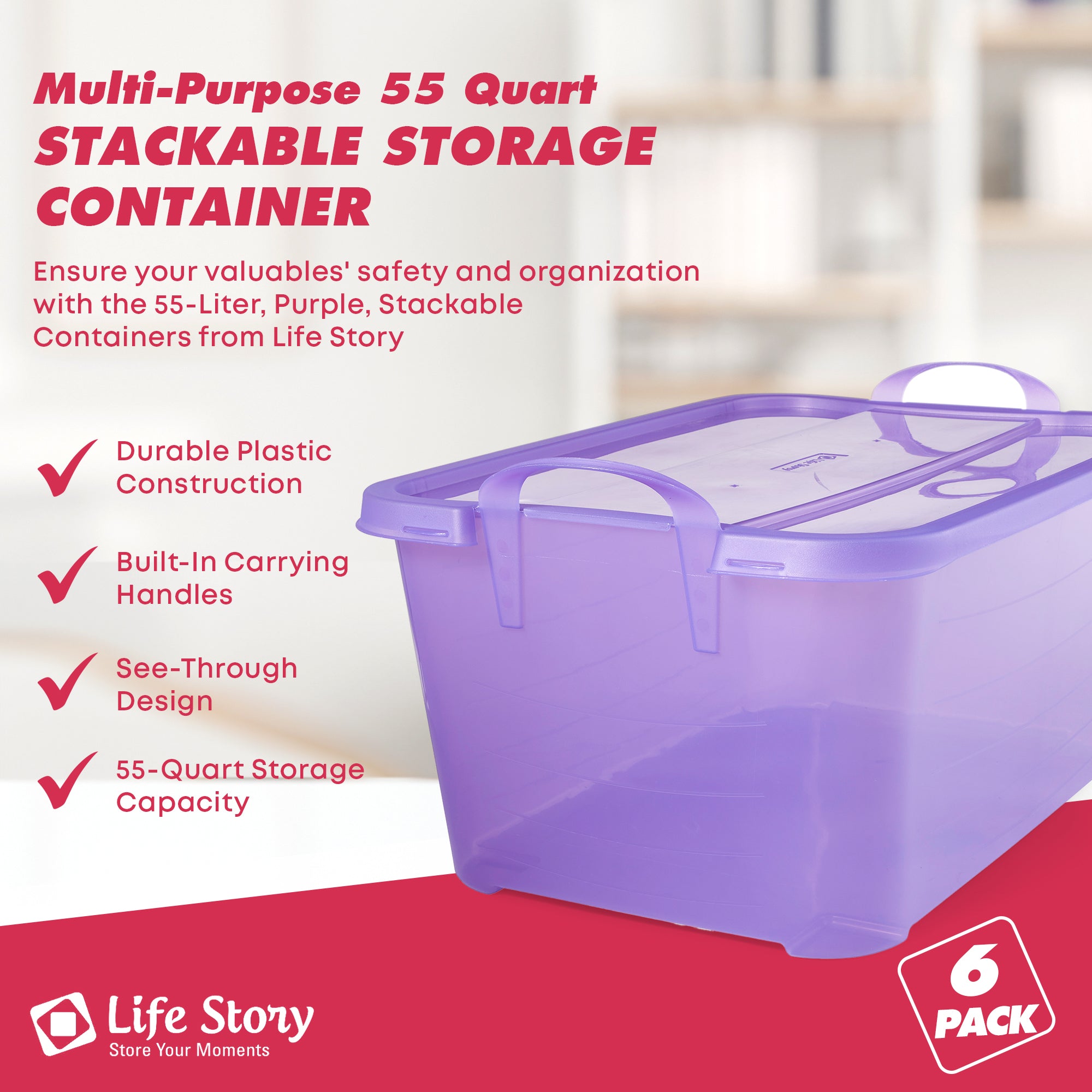 Life Story 55 Quart Stackable Storage Bin, Light Duty Container, Purple, 6 Pack - VMInnovations