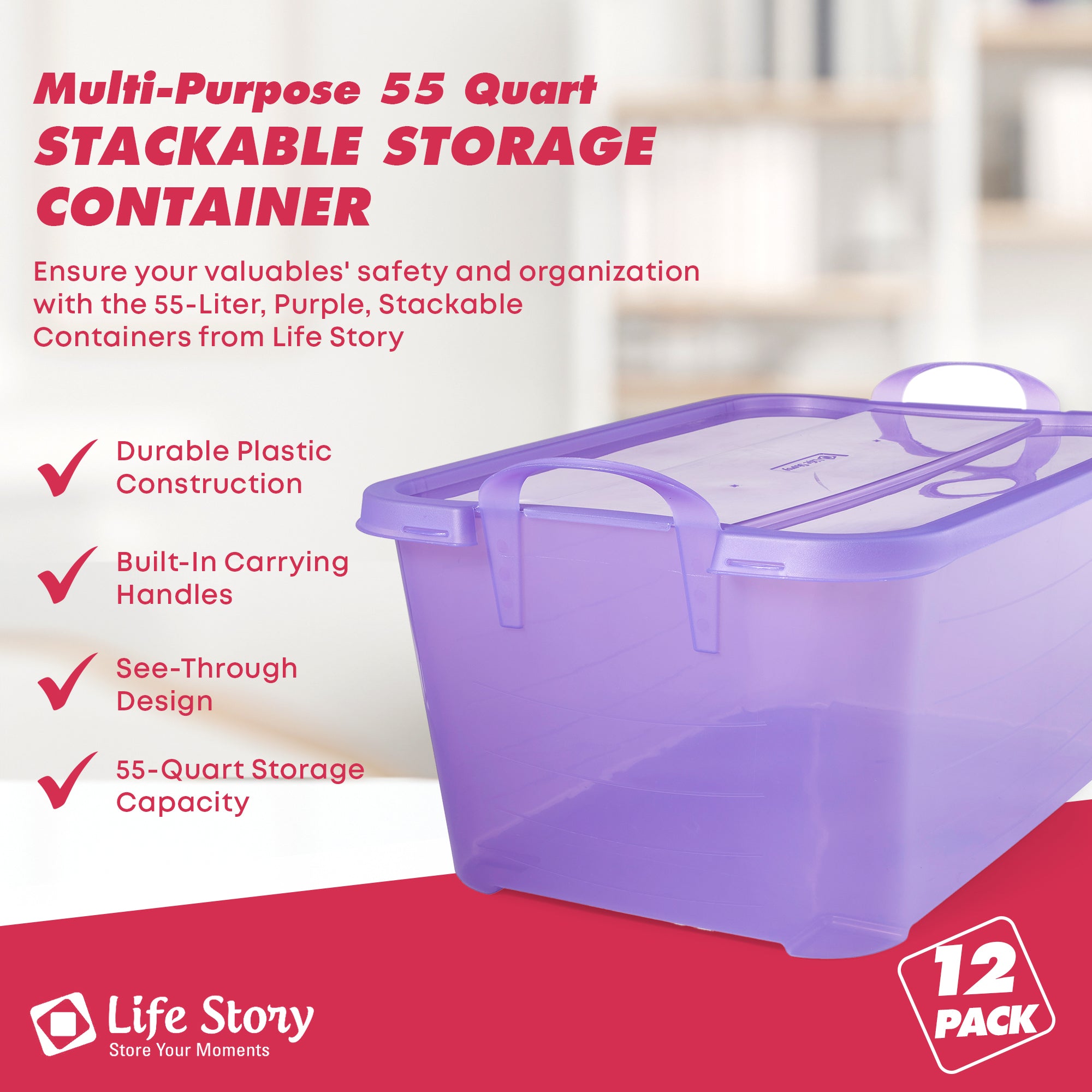 Life Story 55 Quart Stackable Storage Bin, Light Duty Container, Purple, 12 Pack