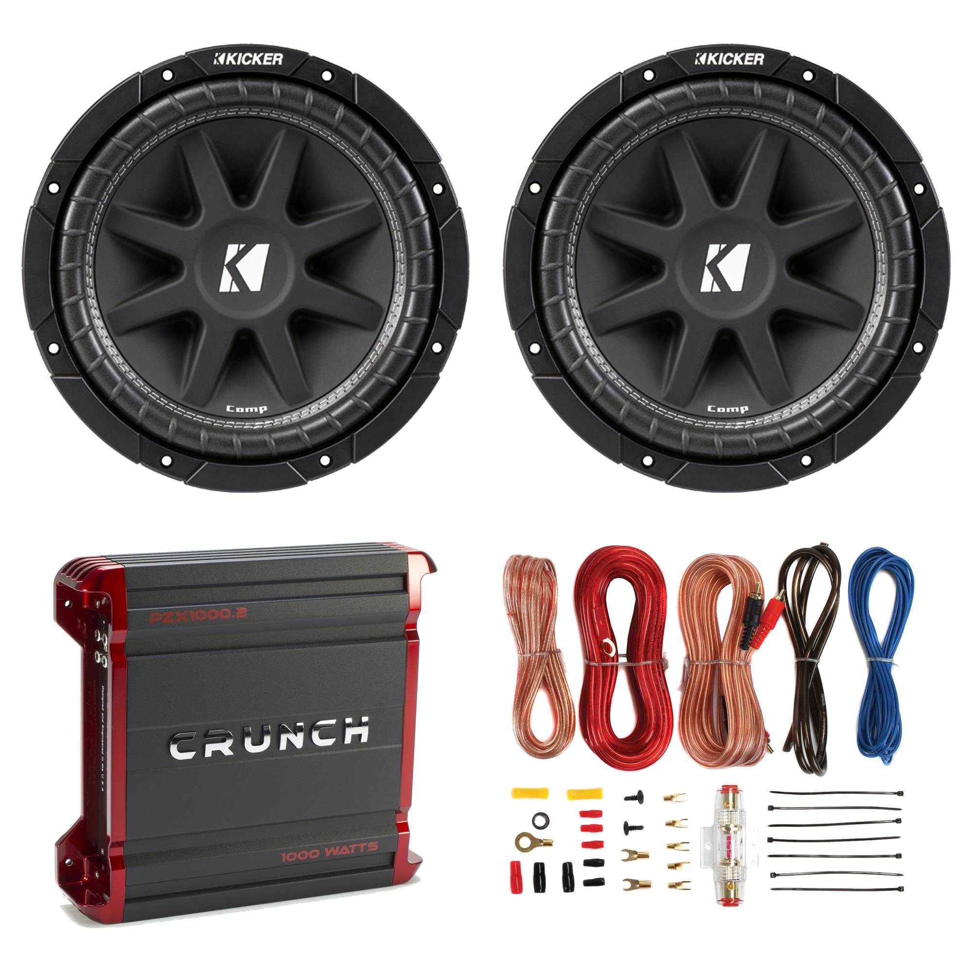 Kicker 15" 600W Subwoofers, 2 Pack + 1000W 2 Channel Amplifier + Wiring Kit