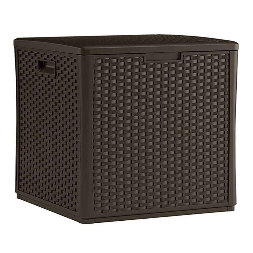 Suncast 60 Gallon Resin Wicker Design Cube Shape Storage Deck Box, Java (2 Pack) - VMInnovations