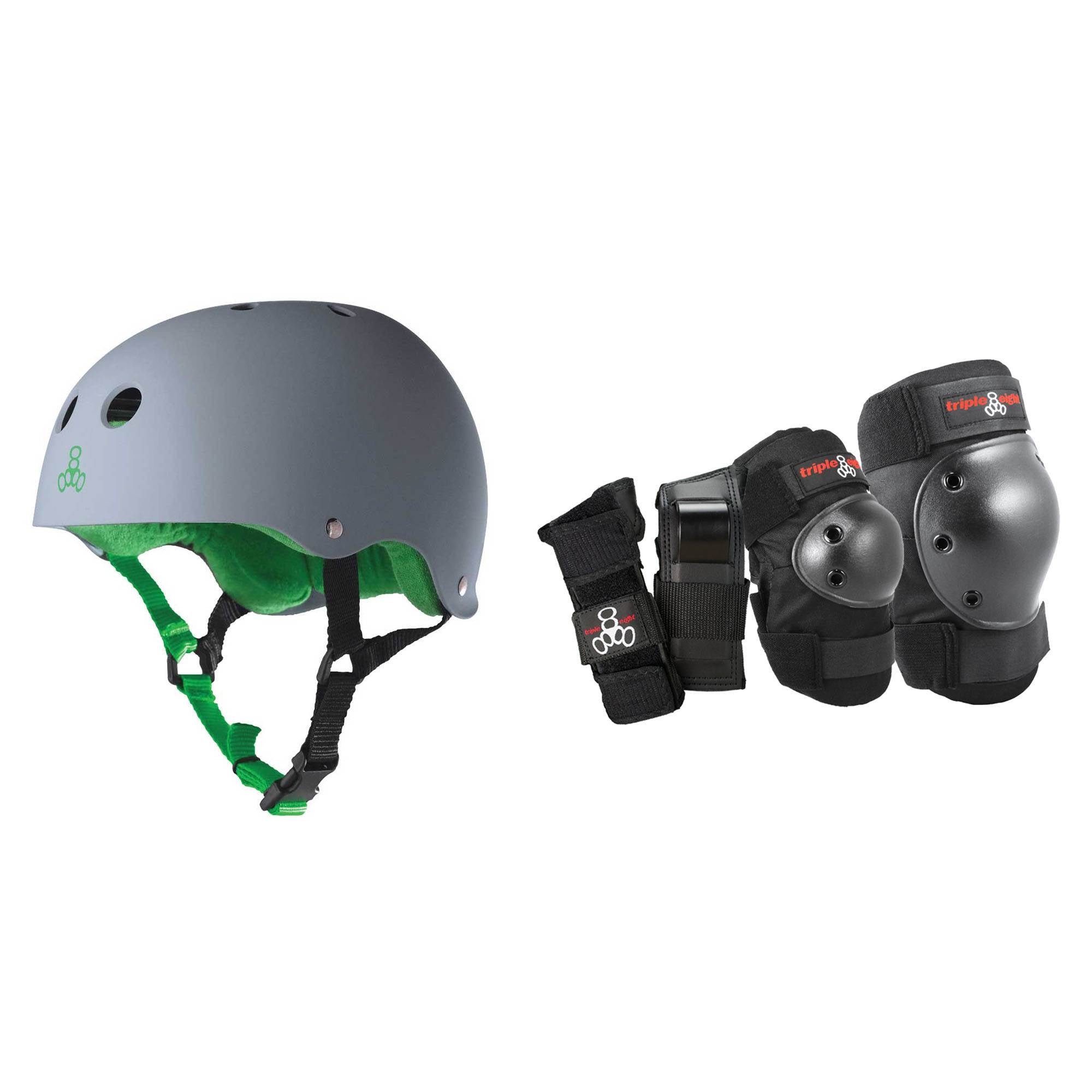 Triple 8 Hardened Skate Helmet w/ Sweatsaver, Carbon - Medium + Protective Pads
