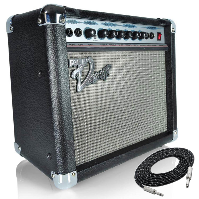Pyle Vamp-Series 60W Amplifier w/ Pyle Pro 12-Foot 0.25-Inch Guitar Amp Cable