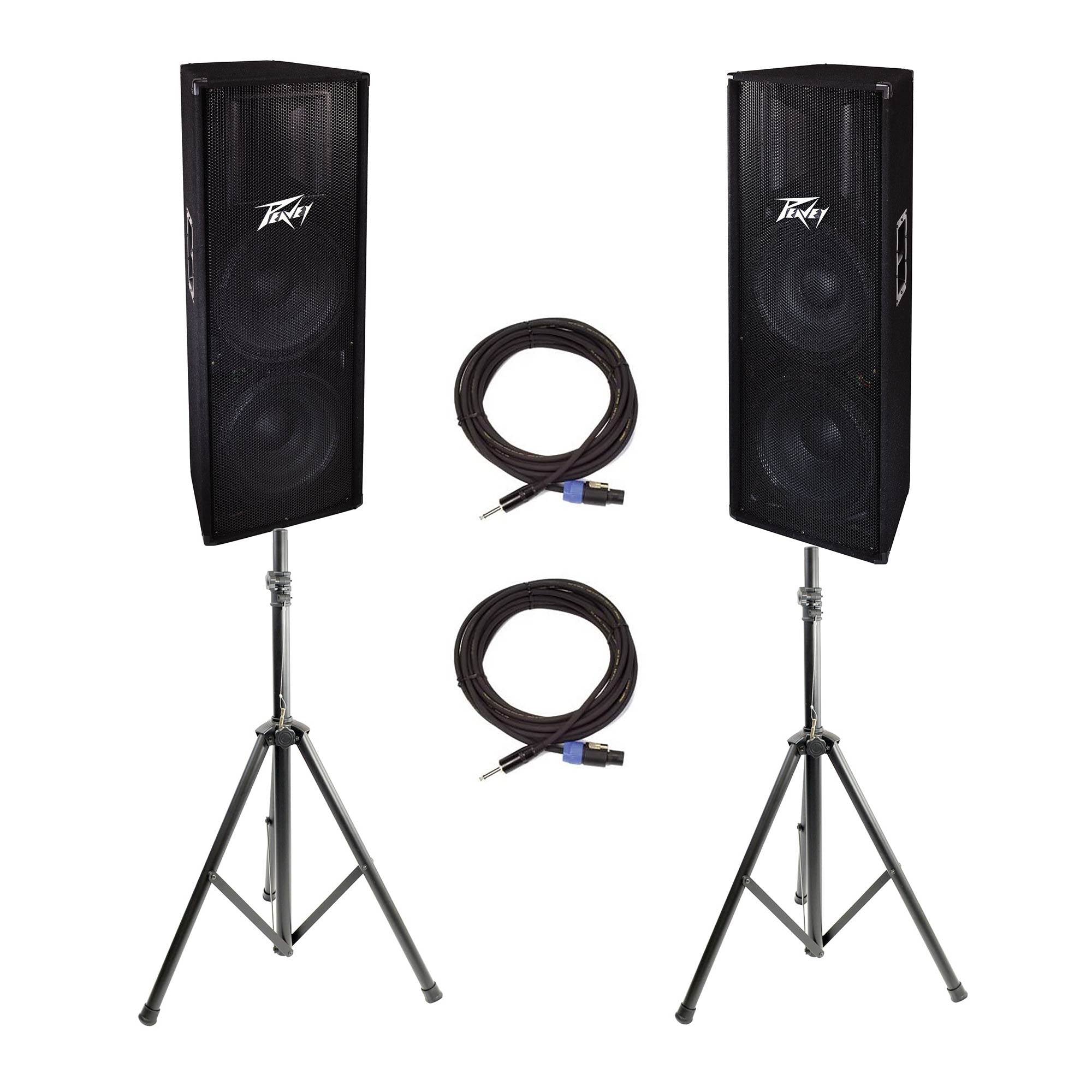 Peavey 2 Way 1400W Dual 15" DJ PA Loudspeaker (2) + 25' Cable (2) + 6' Stand (2)