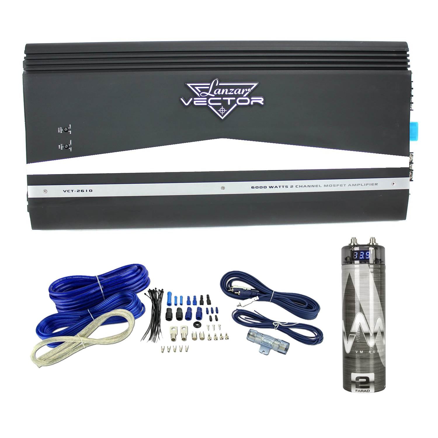 LANZAR MOSFET 6000W 2-Channel Car Amp Stereo w/ Wiring Kit + VM Audio Capacitor