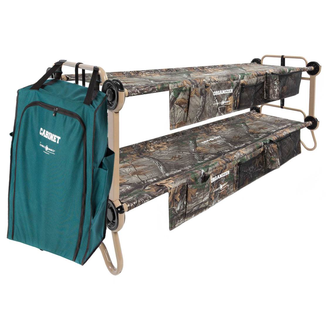 Disc-O-Bed Large Cam-O-Bunk Bunked Real Tree Double Cot + 3 Shelf Hanging Cabinet