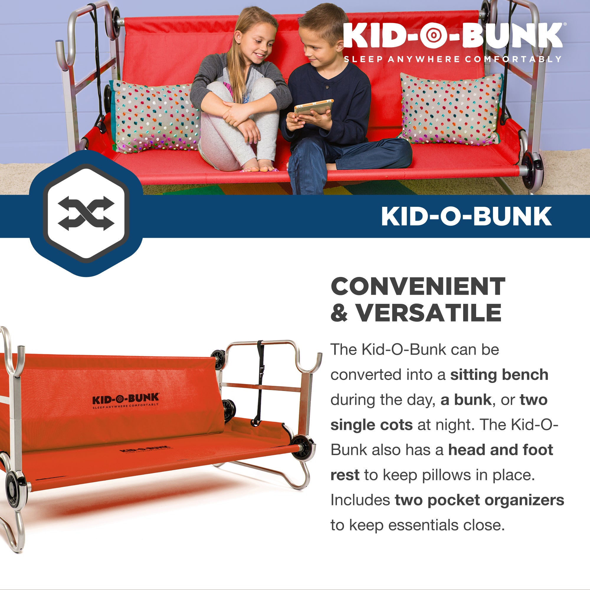 Disc-O-Bed Youth Kid-O-Bunk Benchable Camping Cot with Organizers (Open Box)