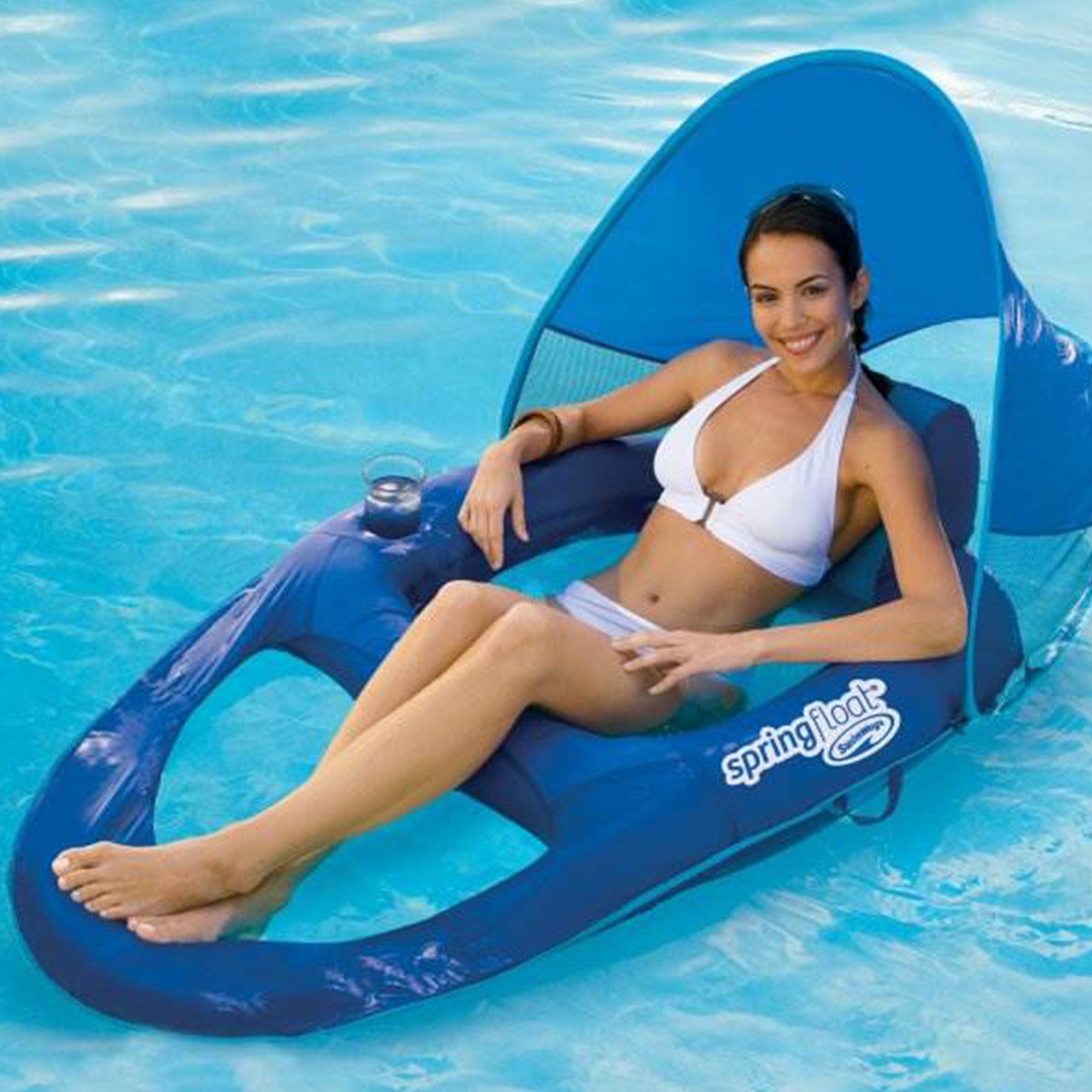 SwimWays Spring Float Recliner Pool Lounge Chair w/ Sun Canopy, Blue - VMInnovations