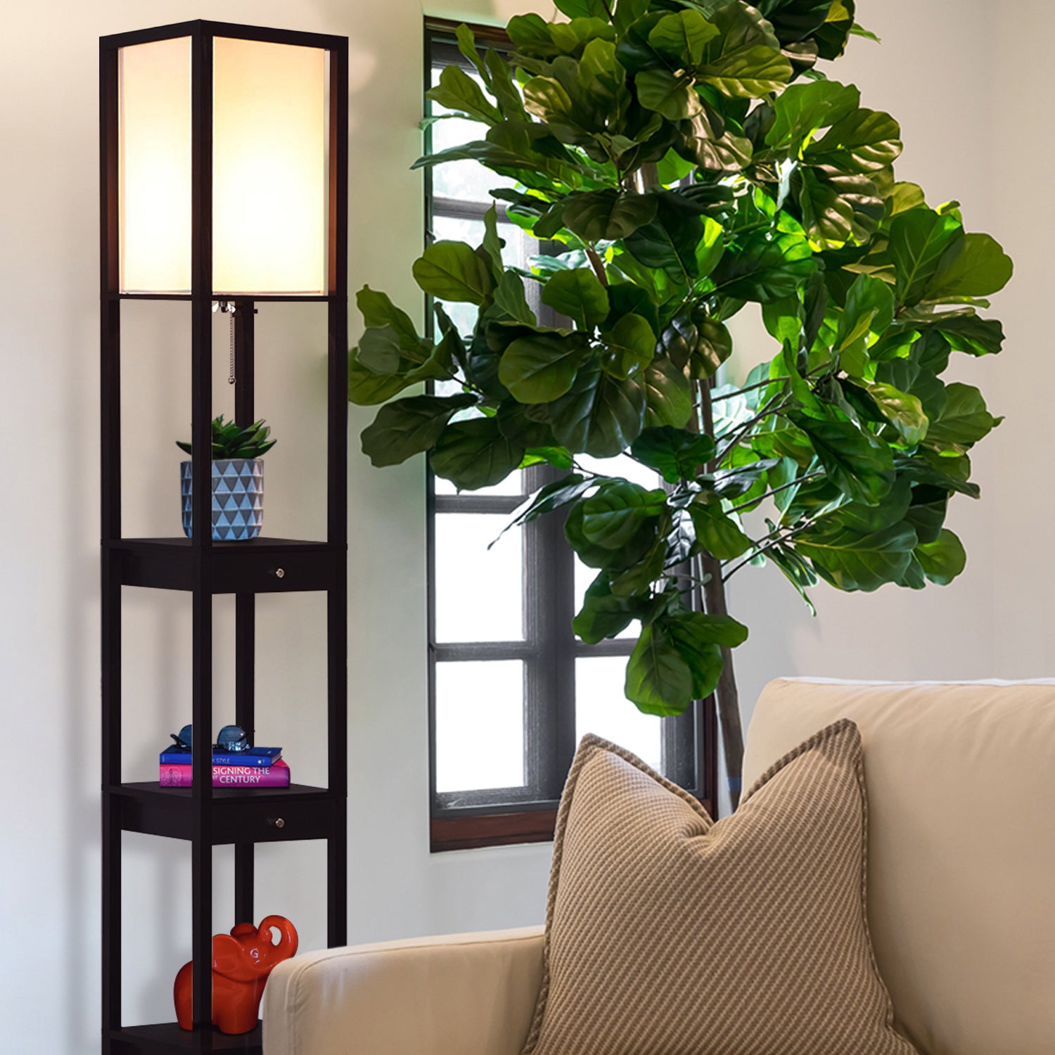Brightech Maxwell Standing Tower Floor Lamp with Shelves, Black (Open Box) - VMInnovations