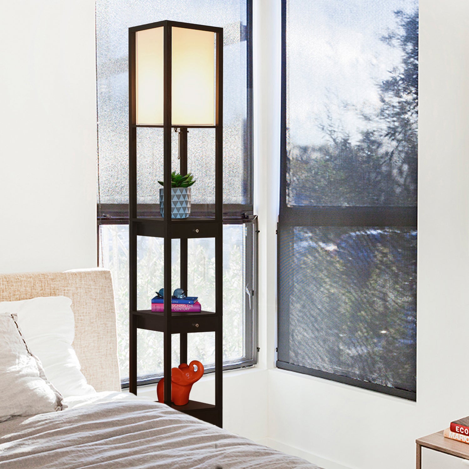 Brightech Maxwell Standing Tower Floor Lamp with Shelves, Black (Open Box) - VMInnovations
