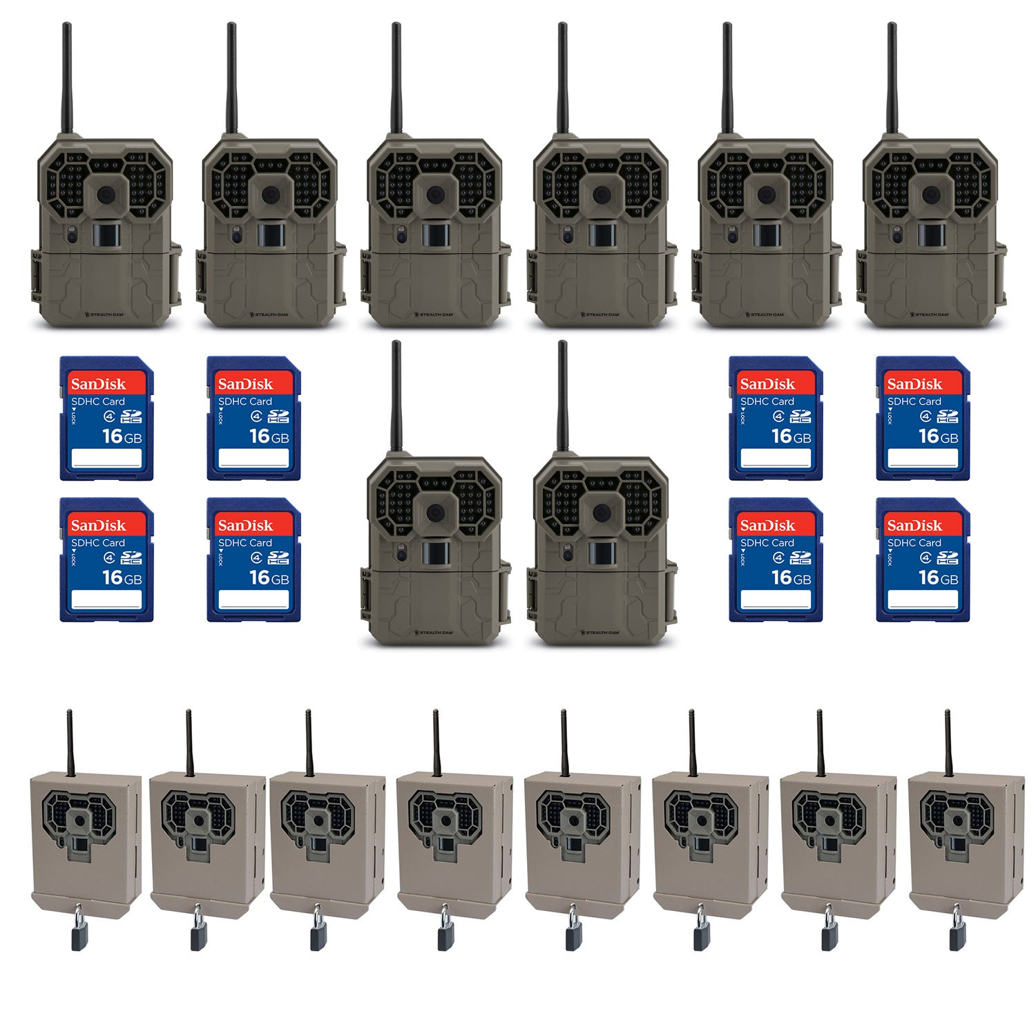 Stealth Cam 12MP Game Camera (8 Pk) + 16GB SD Card (8 Pk) + Security Box (8 Pk)