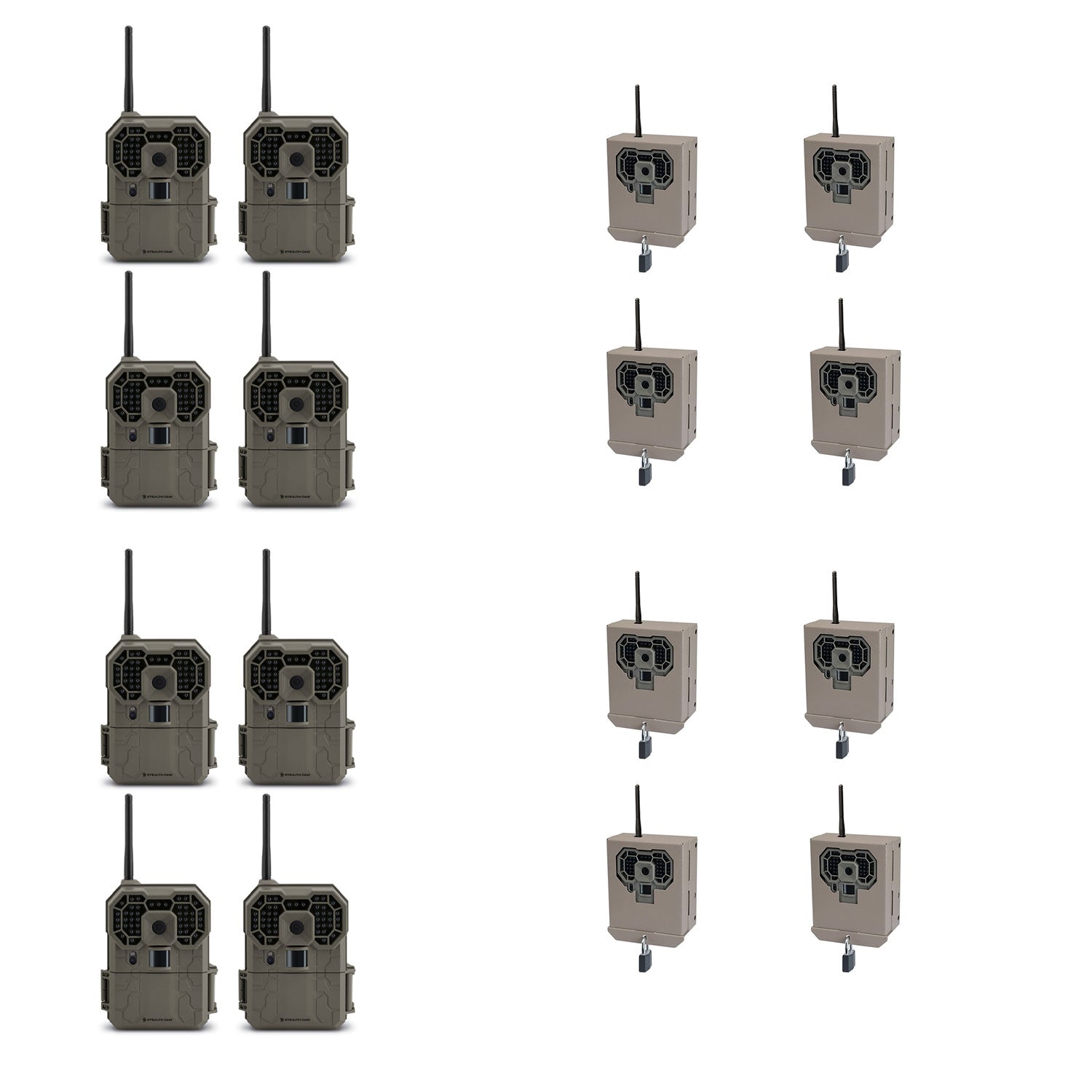 Stealth Cam 12MP Wireless Trail Camera (8 Pack) + Camera Security Box (8 Pack)
