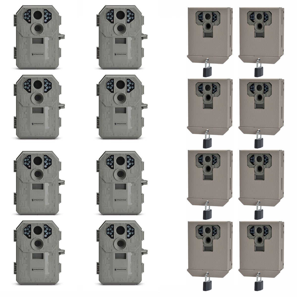 Stealth Cam IR 6.0 MP Trail Camera (8 pack) + Game Camera Security Box (8 Pack)