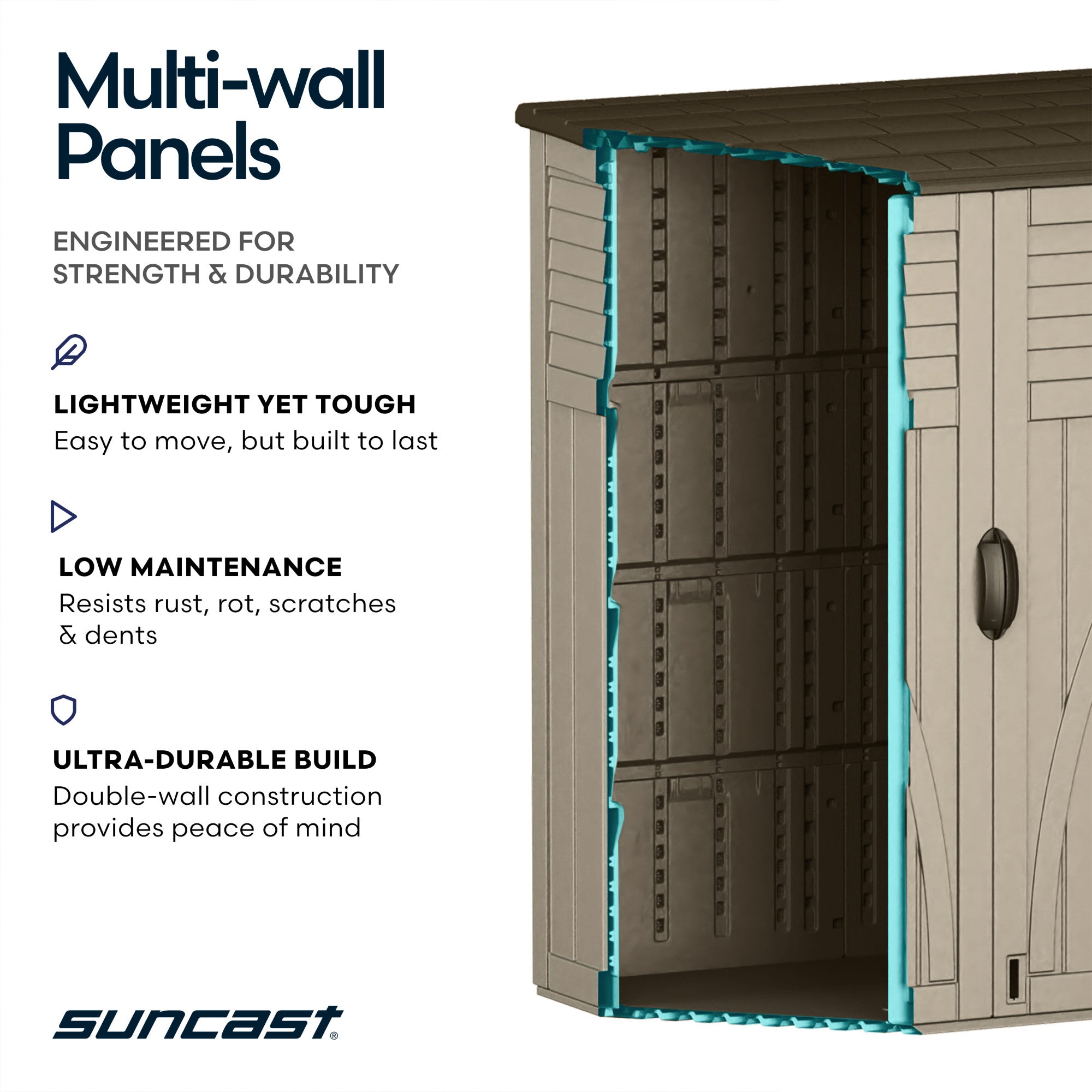 Suncast Large Vertical Shed for Storing Oudoor Gear, Tools, and Equipment, Sand