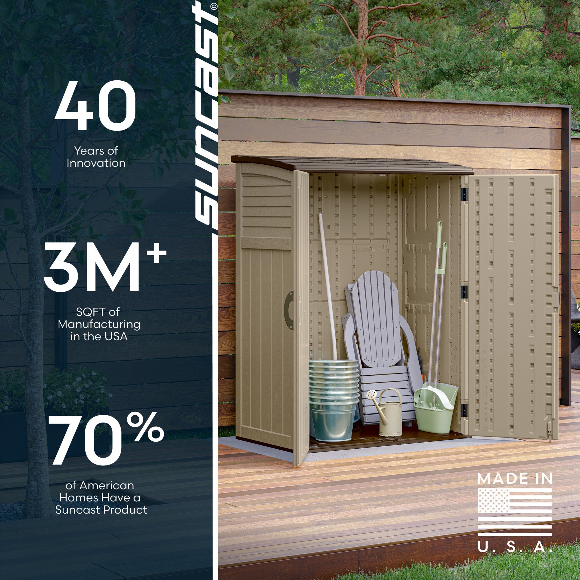 Suncast Large Vertical Shed for Storing Oudoor Gear, Tools, and Equipment, Sand