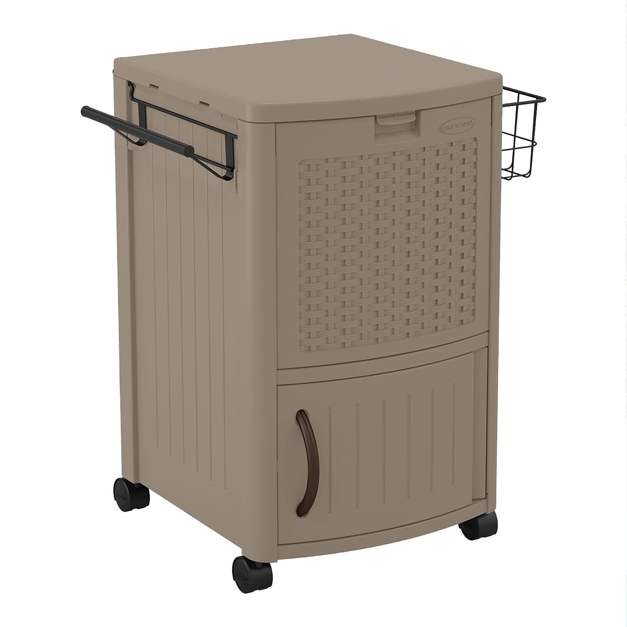 Suncast 77 Quart Resin Wicker Patio Cooler w/ Cabinet & Wire Basket, Java (Used)