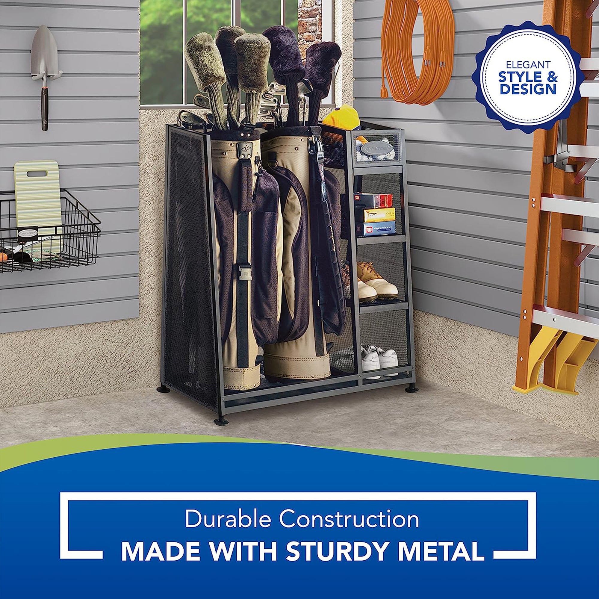 Suncast GO3216D Metal Golf Equipment Organizer Storage Rack w/ 3 Shelves, Black - VMInnovations