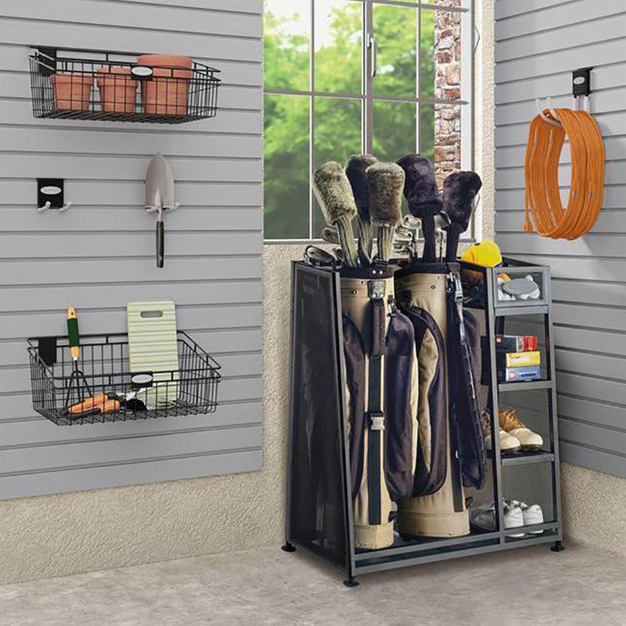 Suncast GO3216D Metal Golf Equipment Organizer Storage Rack w/ 3 Shelves, Black - VMInnovations