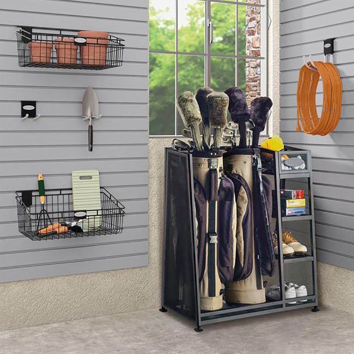 Suncast GO3216D Metal Golf Equipment Organizer Storage Rack w/ 3 Shelves, Black (For Parts)