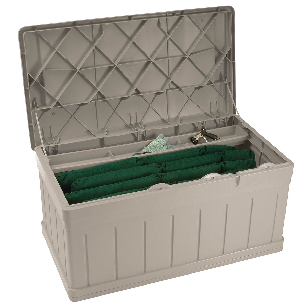 Suncast Horizontal 129 Gallon Deck Storage Box with Seat, Taupe (Open Box)