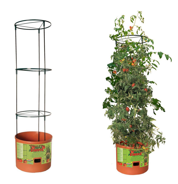 Hydrofarm GCTB Tomato Barrel Pot Garden Planting System and 4 Foot Trellis Tower - VMInnovations
