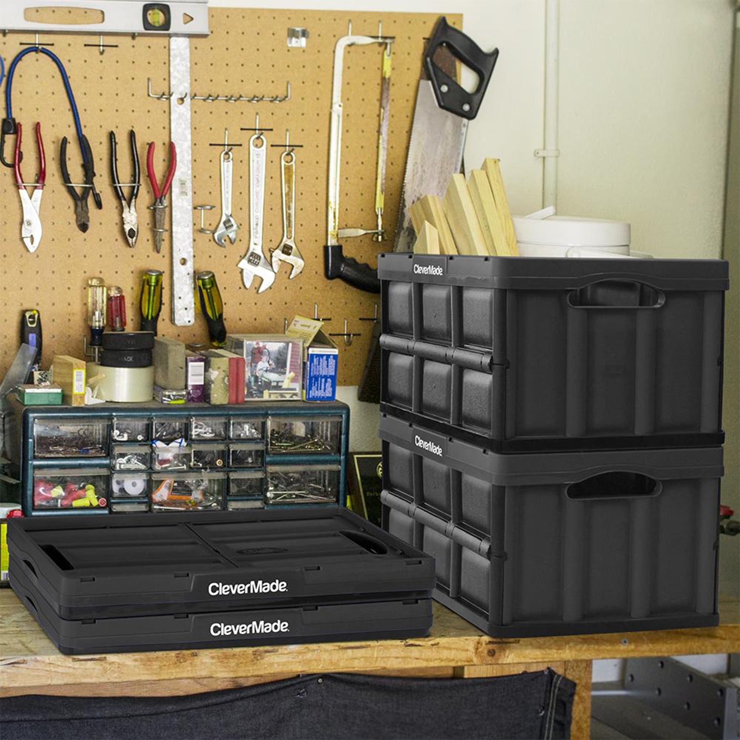 CleverMade CleverCrate Stackable 46L Storage Bins, Black (3-Pack) (Open Box)