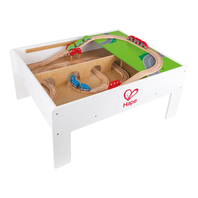 Hape Railway Play and Stow Wooden Train Set Activity & Toy Storage Play Table