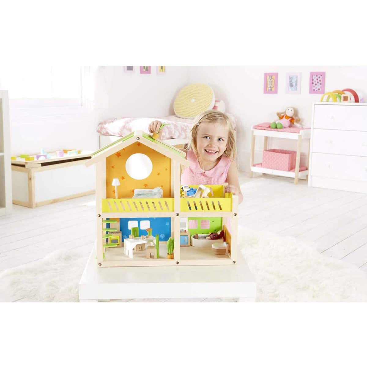 Hape Happy Villa Wooden Toy Family Dollhouse w/ Dolls and Furniture (Open Box)