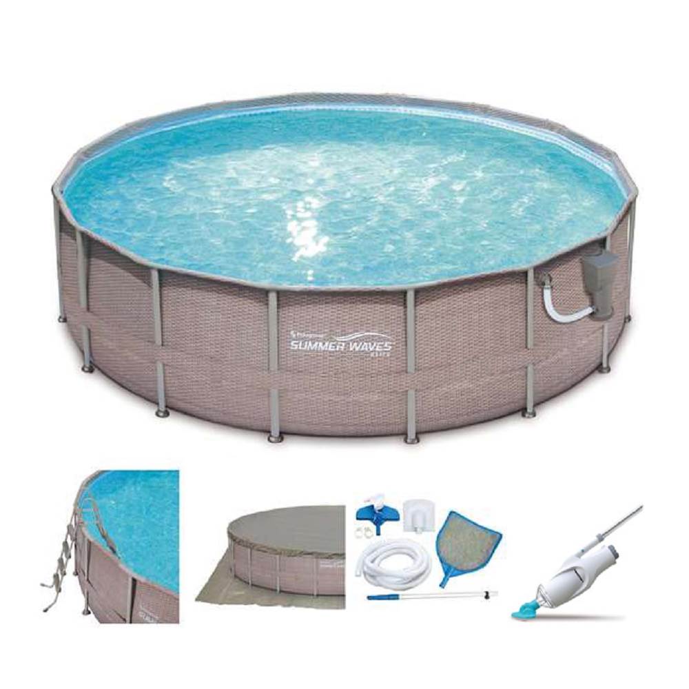 Summer Waves 18ft x 48in Elite Wicker Print Frame Pool Set with Pump + Cleaner