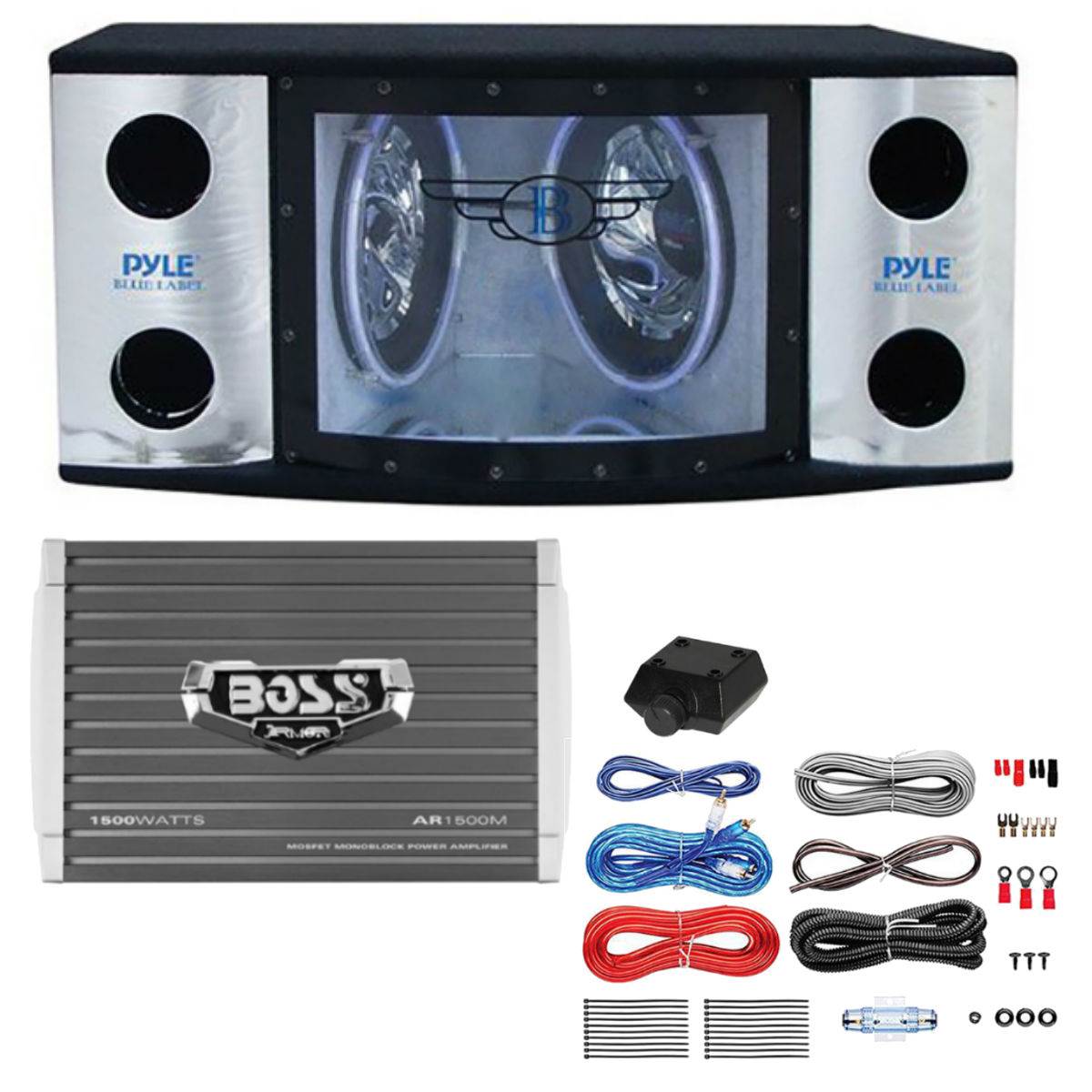 Pyle Dual 12" 1200W Subwoofers + Boss Armor 1500W Monoblock Amp & Wiring Kit