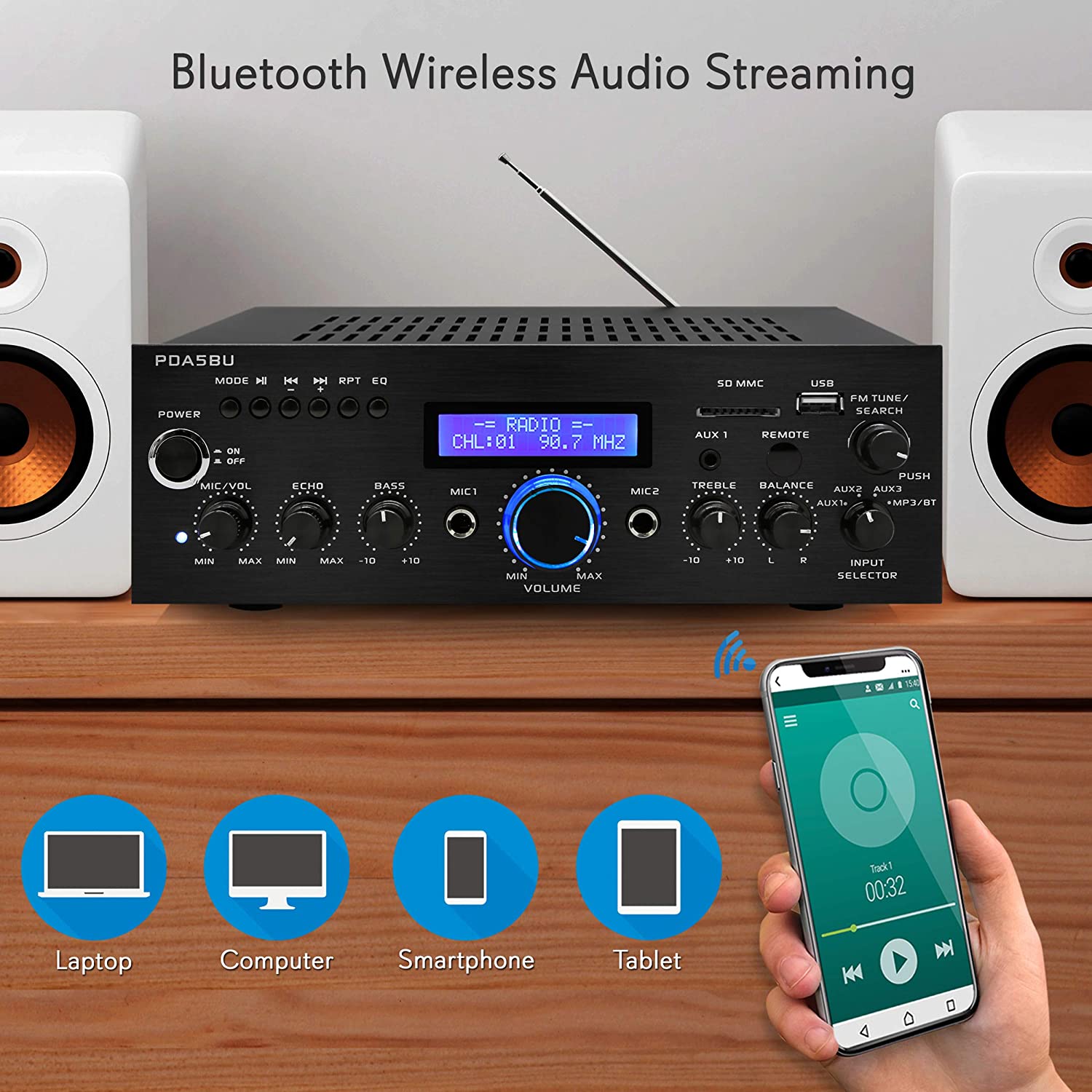 Pyle Home 200 Watt AM/FM AUX/USB Bluetooth Home Stereo Amplifier System (Used) - VMInnovations