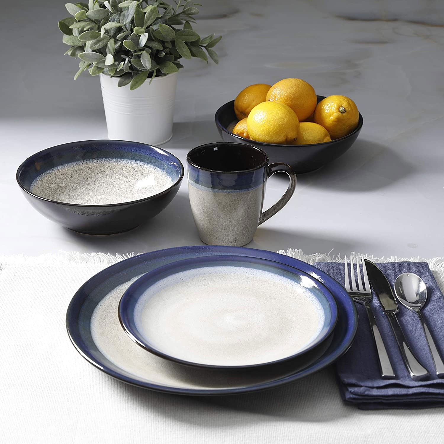 Gibson Elite Couture Band Durable Glazed Stoneware 16Pc Dinnerware ,Blue(Used) - VMInnovations