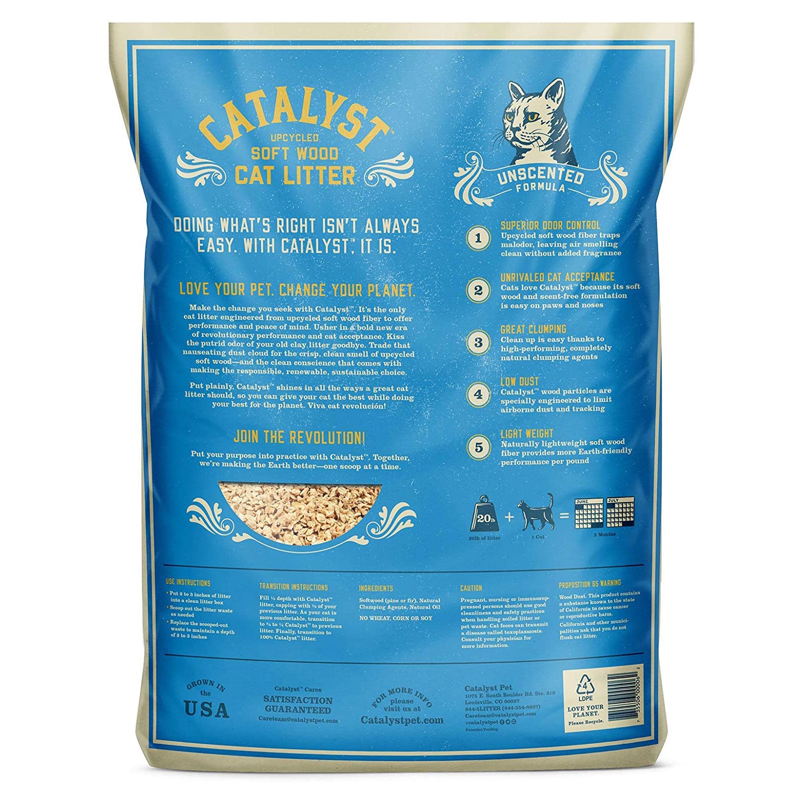 Catalyst Upcycled Soft Wood Cat Litter Odor Control Unscented Formula, 20 Pounds - VMInnovations