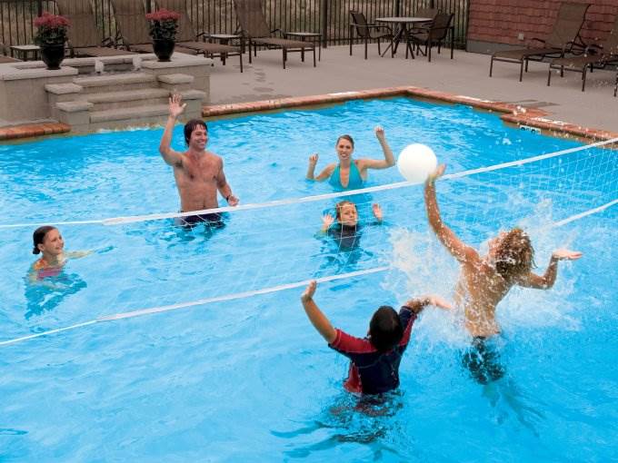 SwimWays Poolside Basketball Hoop with Ball and Volleyball Water Sport Game Set